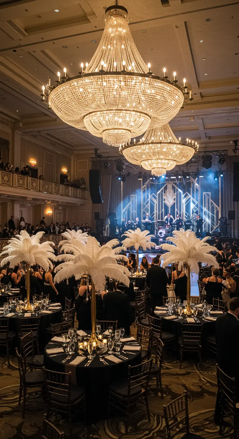 Salle de bal Gatsby avec lustres en cristal et centres de table à plumes.