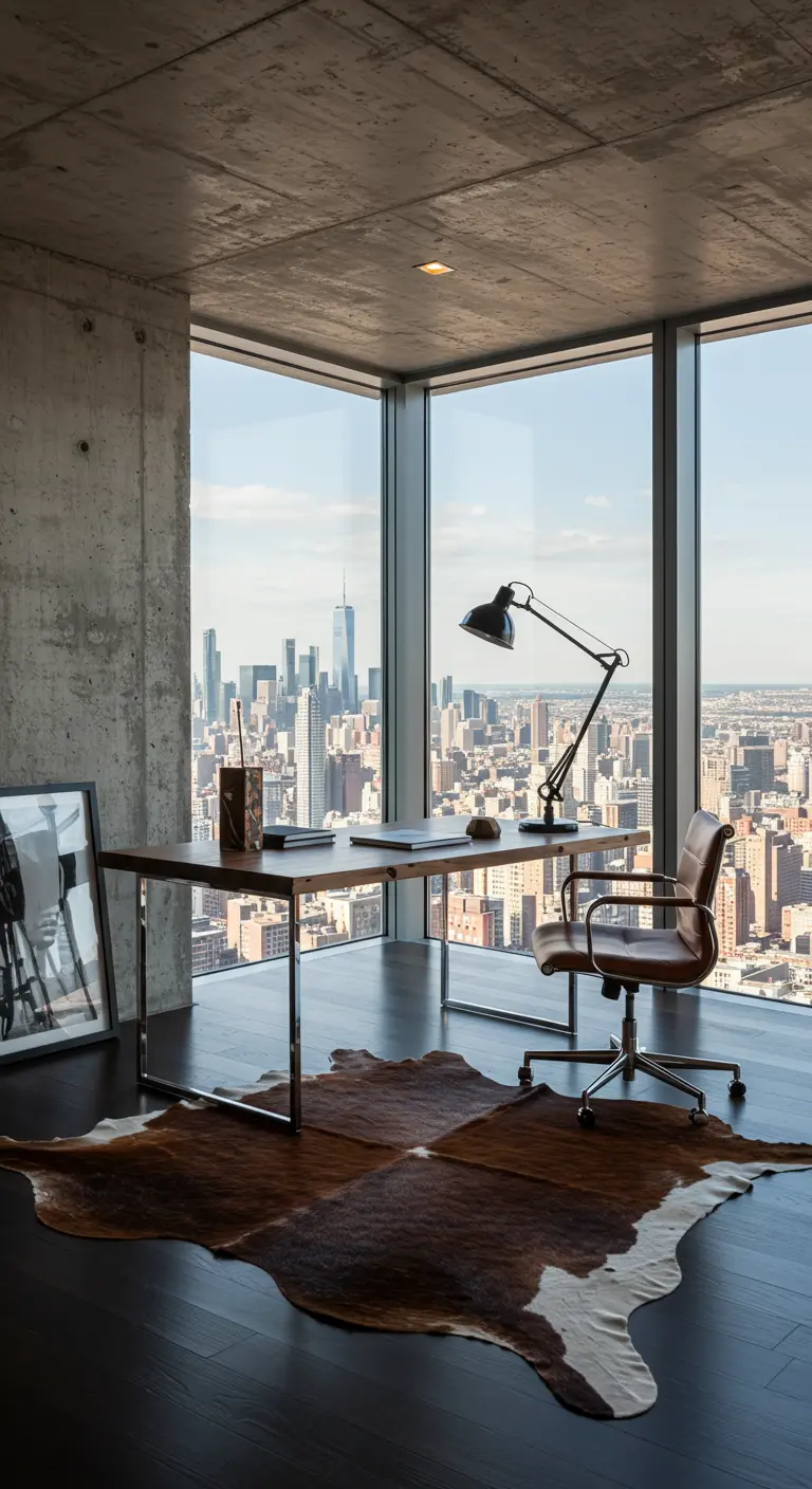 Bureau minimaliste devant des baies vitrées offrant une vue panoramique sur la ville, avec une peau de vache au sol.