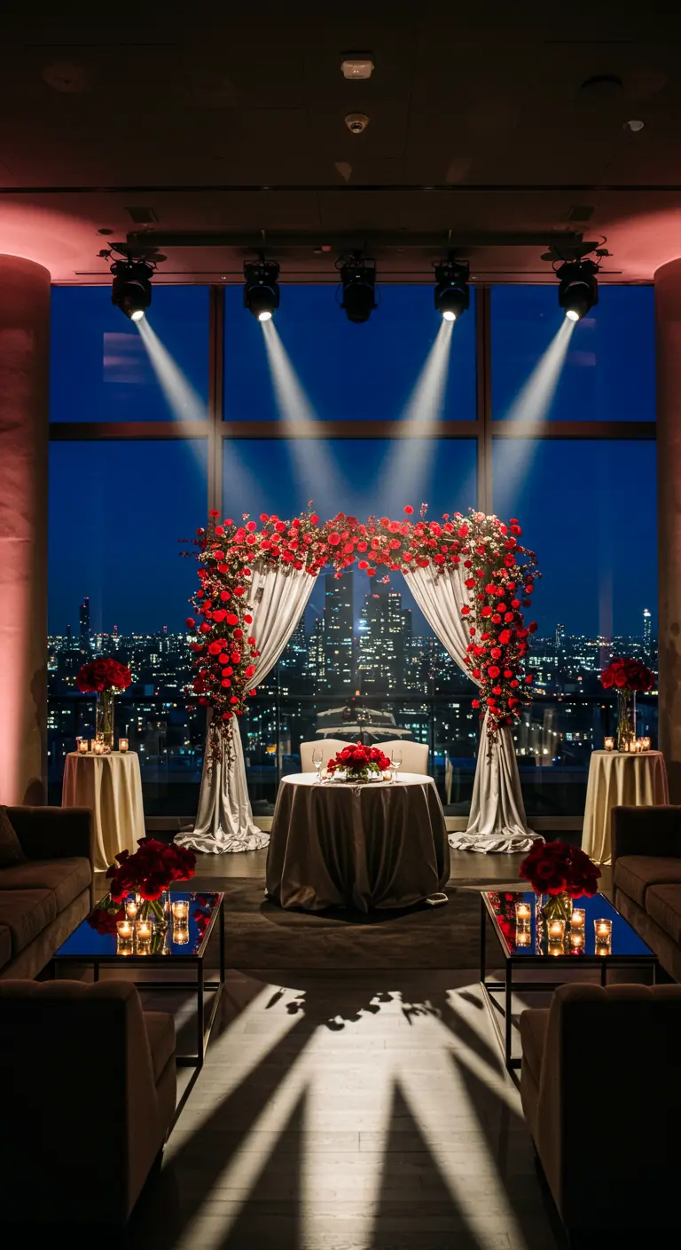 Arche florale rouge et drapés gris dans un penthouse avec vue sur la ville illuminée la nuit.