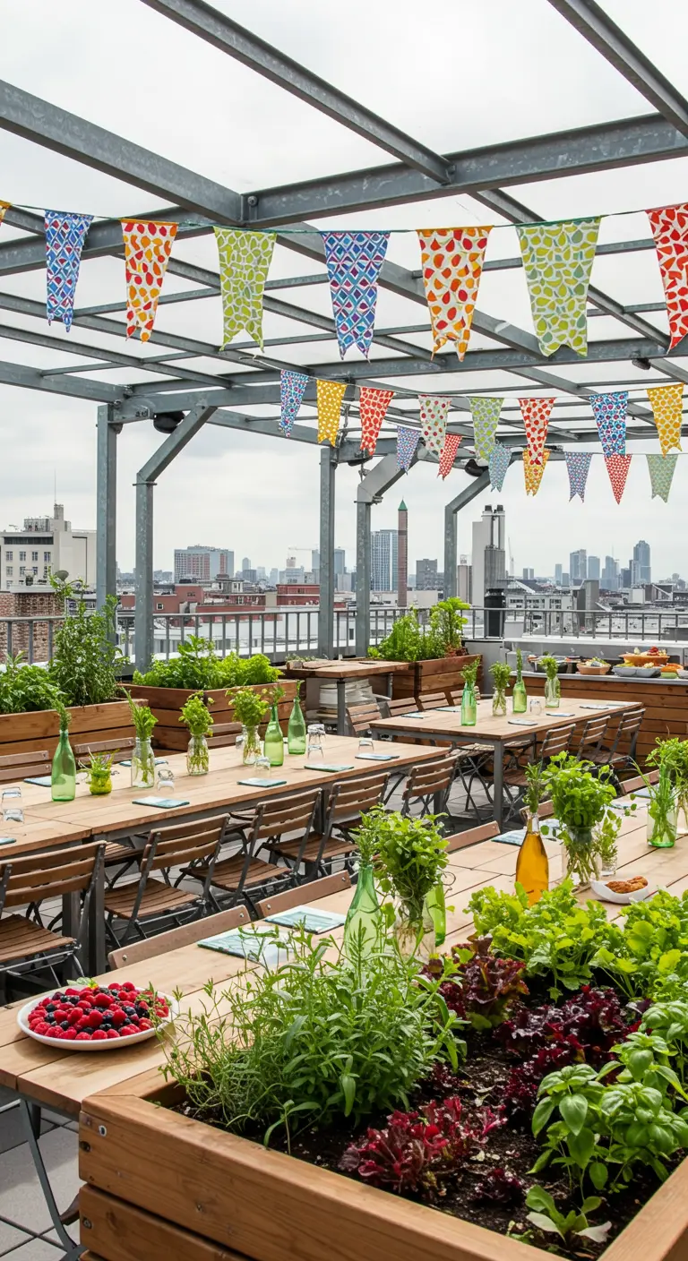 Fête sur un toit-terrasse avec jardin potager, longues tables et guirlandes colorées.
