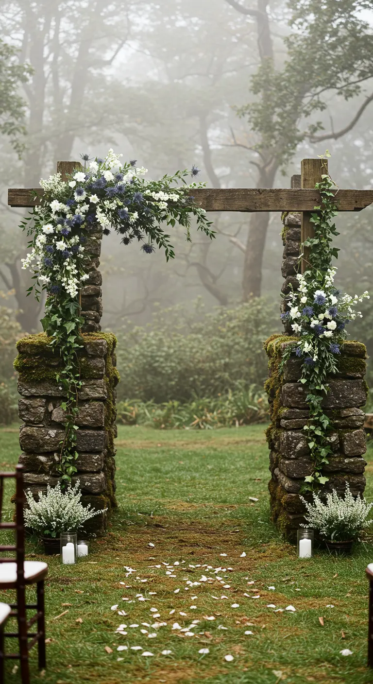 Arche rustique avec des piliers en pierre et une poutre en bois, décorée de fleurs.