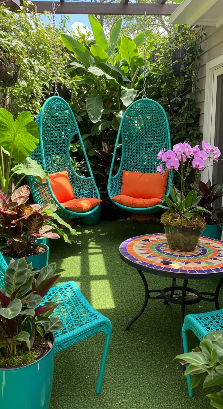 Deux chaises suspendues turquoise avec coussins oranges sur un patio verdoyant avec table mosaïque.