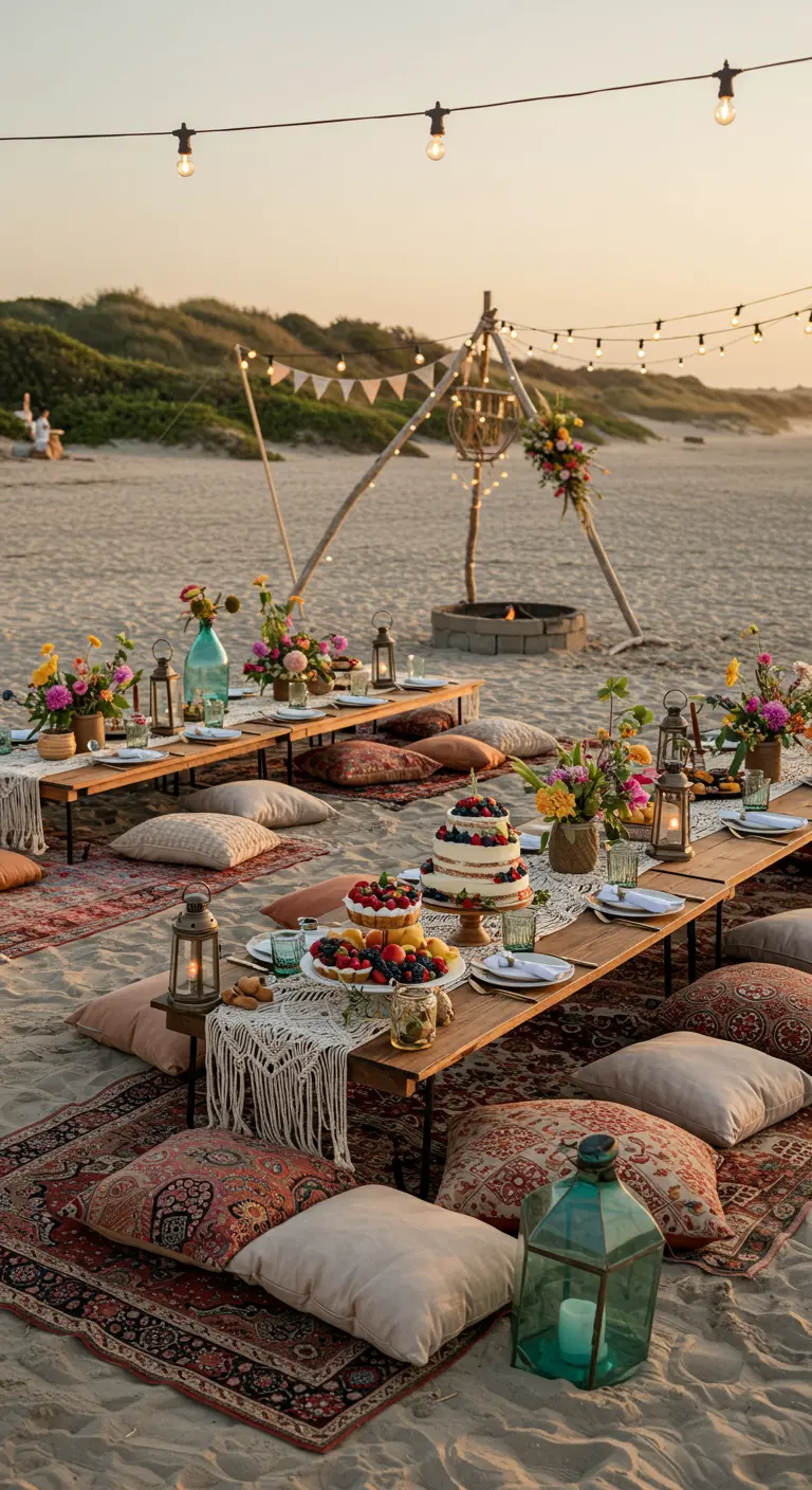Dîner bohème sur la plage avec tables basses, coussins, guirlandes lumineuses.