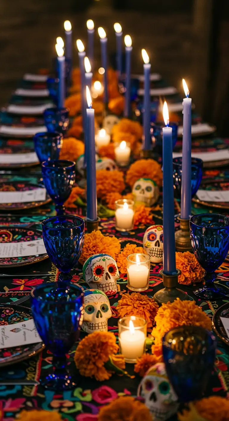 Table festive pour le Jour des Morts avec des verres bleu cobalt, des fleurs orange et des têtes de mort.