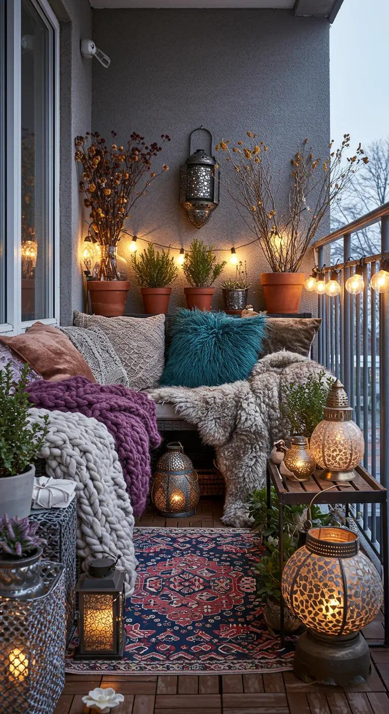 Balcon bohème éclectique avec plaids, coussins, plantes en pot et lanternes ciselées. 