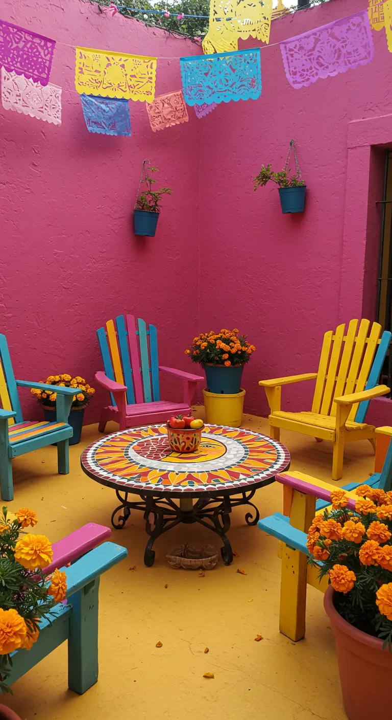 Table en mosaïque colorée entourée de chaises vives dans une cour rose.