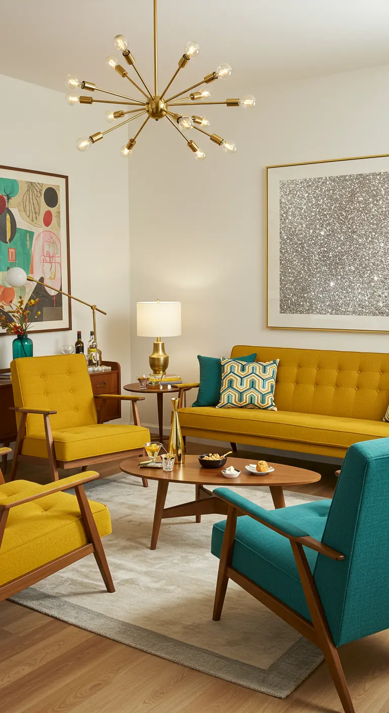 Un salon moderne des années 50 avec des meubles jaune moutarde et turquoise, un luminaire Sputnik.