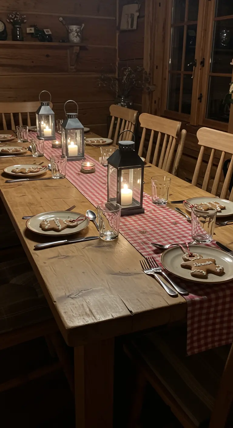 Table de chalet rustique avec un chemin de table en vichy rouge et des lanternes.