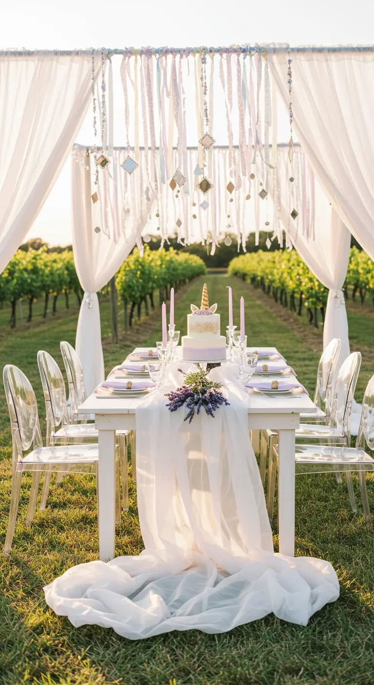 Table d'anniversaire licorne dans un vignoble avec des voiles blancs, guirlande de rubans et lavande.