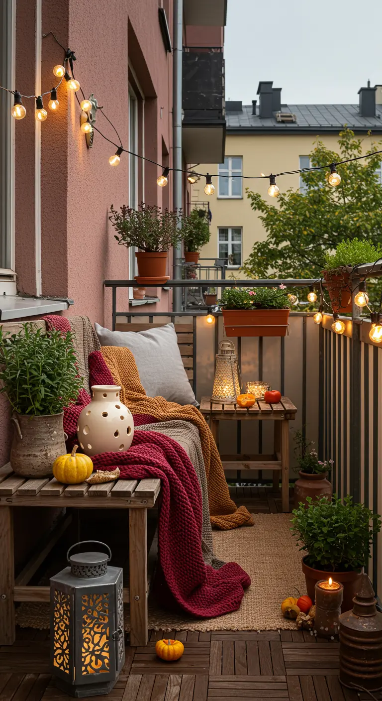 Petit balcon avec banc en bois, plaids colorés, citrouilles décoratives, lanternes et bougies.
