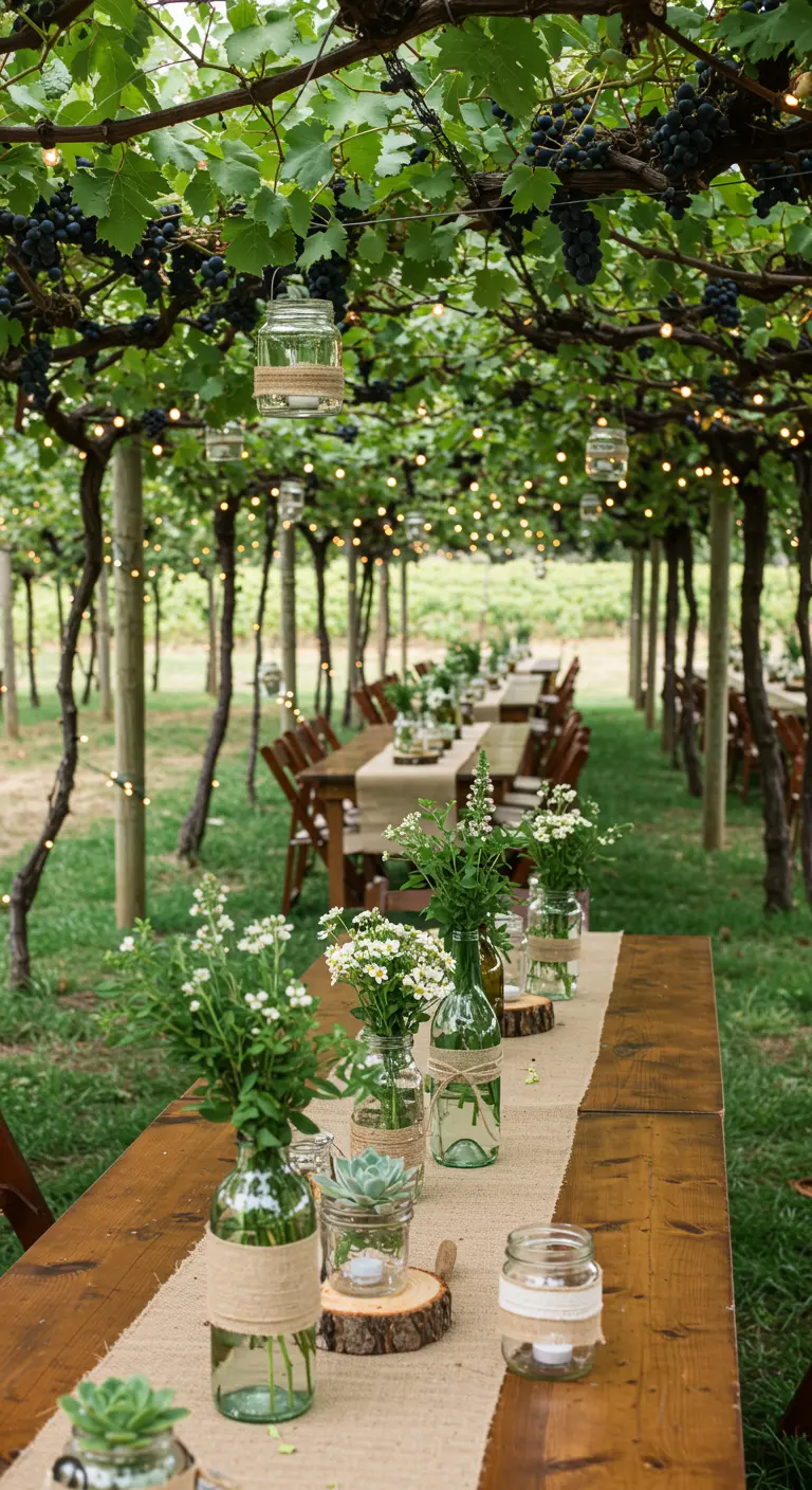Tables de mariage sous des vignes, bocaux avec fleurs sauvages et plantes grasses.
