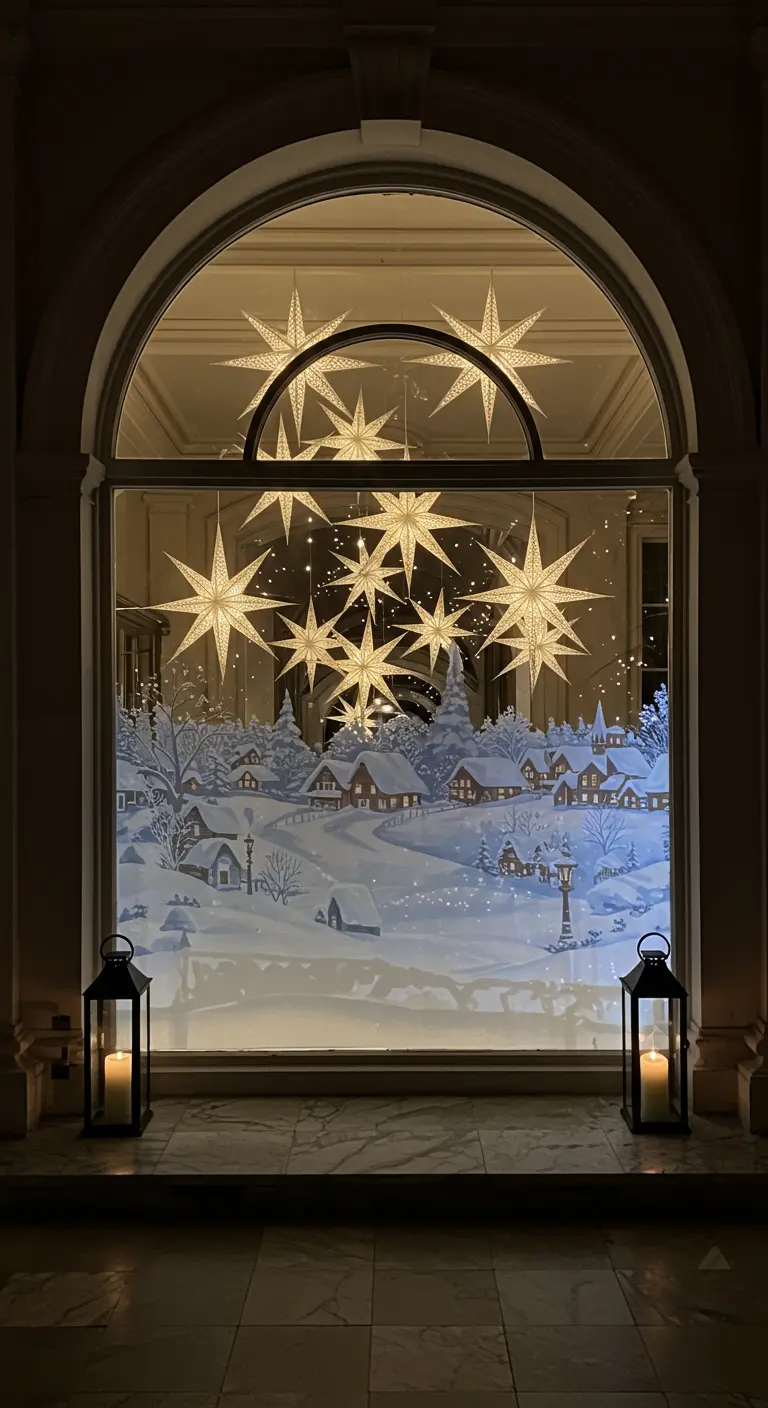 Grande fenêtre cintrée avec un paysage enneigé peint et une cascade d'étoiles lumineuses.