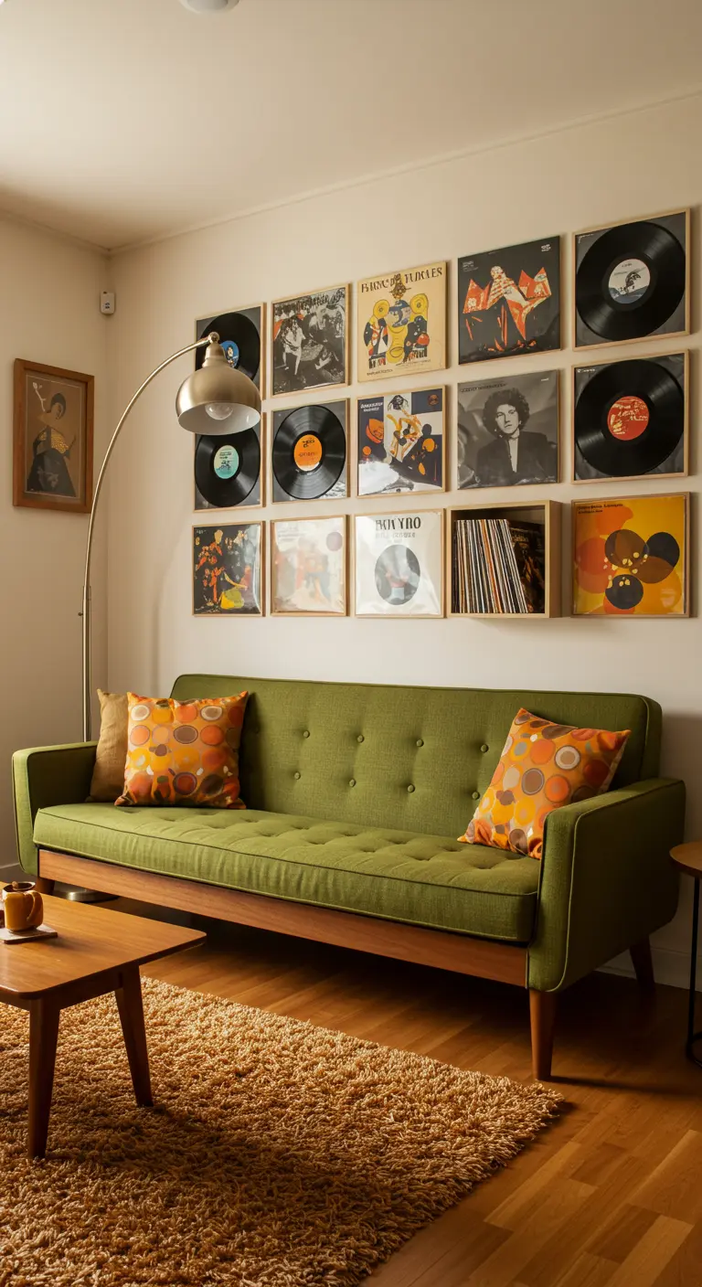Mur décoré de disques vinyles encadrés et exposés au-dessus d'un canapé vert olive.