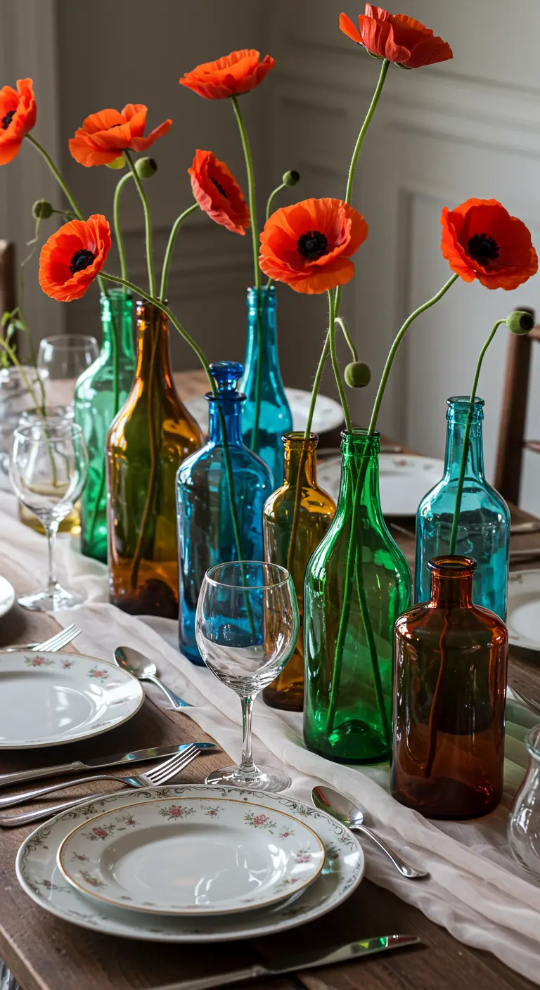 Collection de bouteilles en verre colorées avec des coquelicots en guise de centre de table.