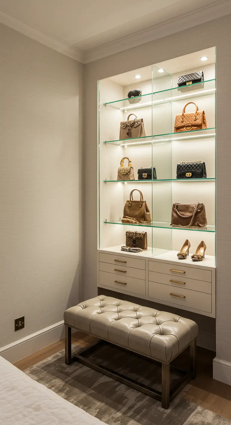 Vitrine encastrée éclairée pour sacs et chaussures avec banquette capitonnée.