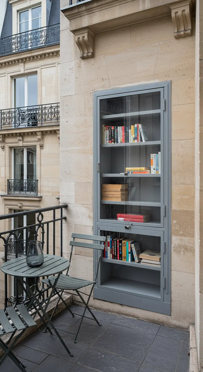 Armoire murale vitrée en métal gris sur un balcon parisien.