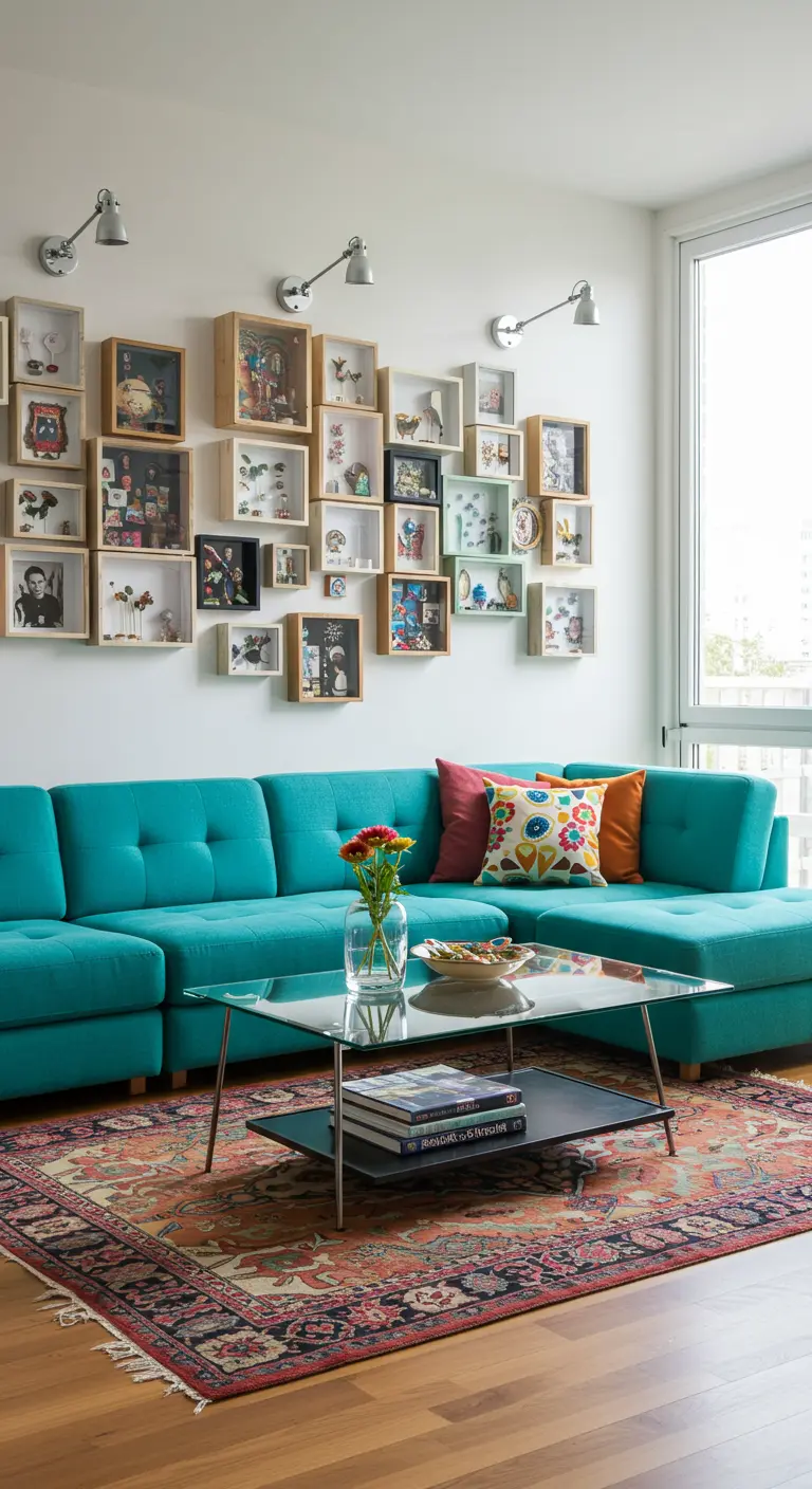 Mur blanc décoré d'une multitude de petites vitrines en bois et de boîtes étagères exposant des objets de collection.