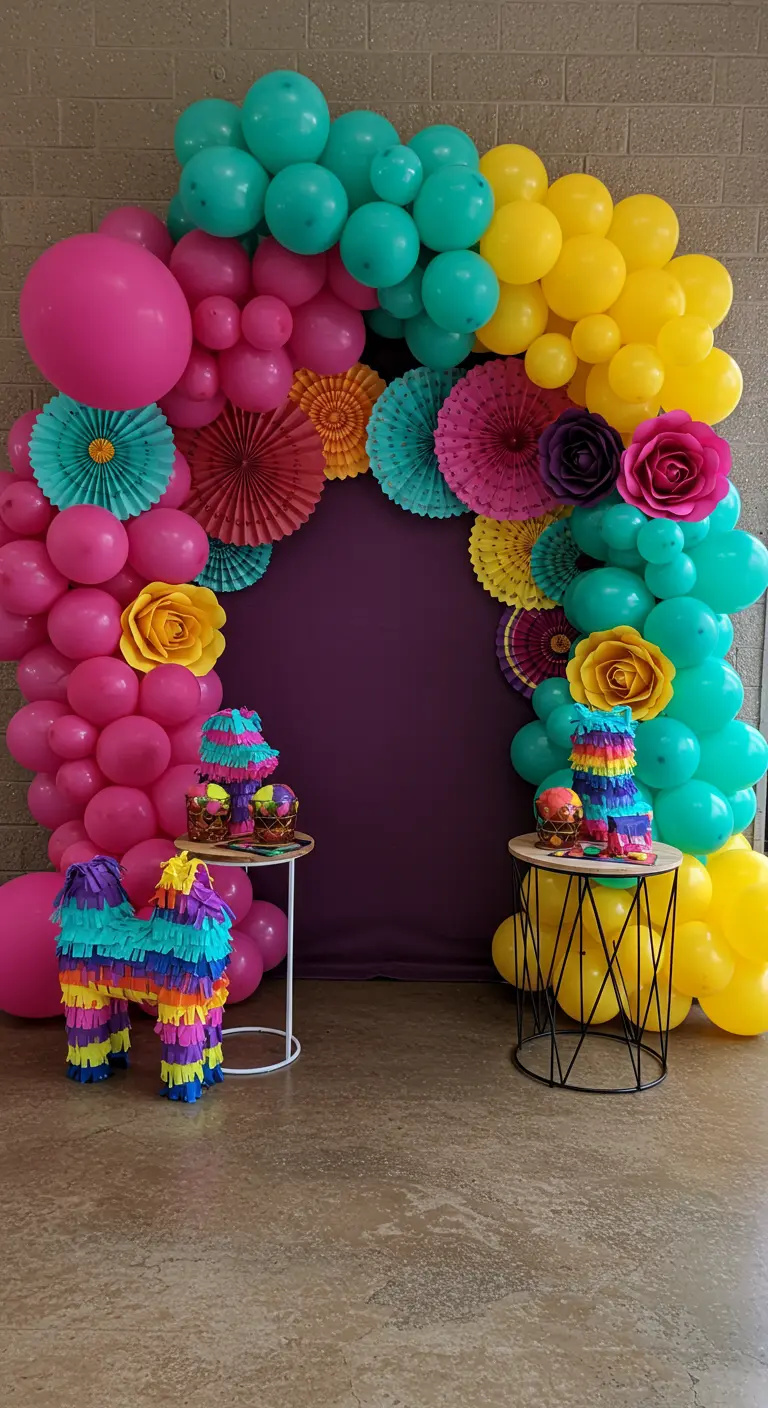 Arche de ballons multicolores avec des éventails en papier et une piñata.