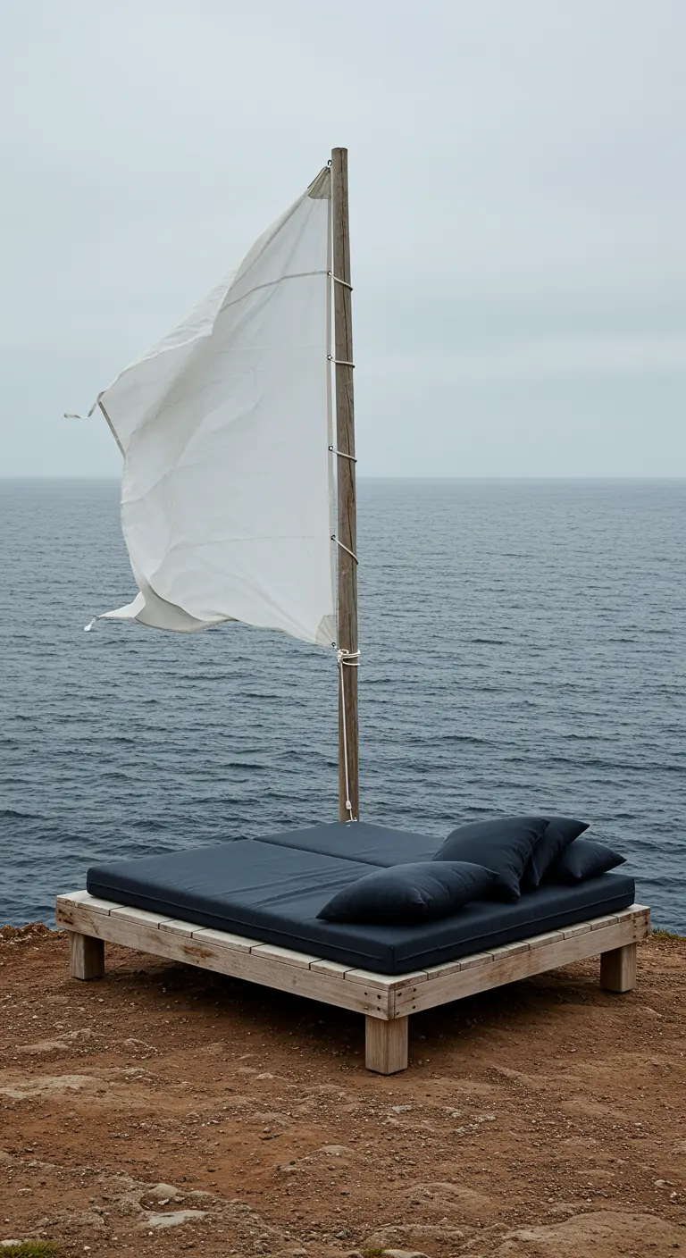 Lit de jour en bois sur une falaise avec une voile de bateau
