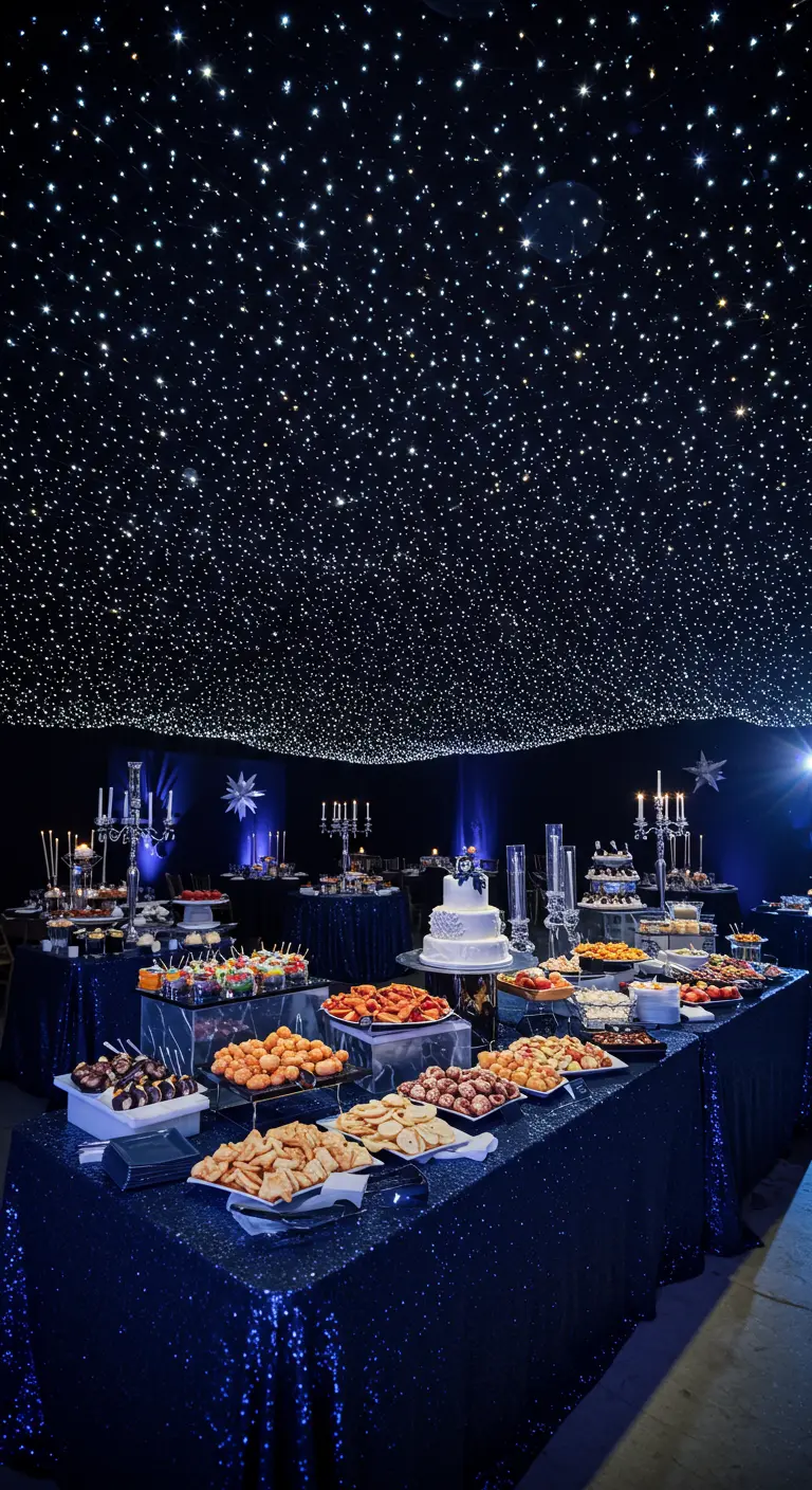 Buffet sur le thème spatial, plafond étoilé, nappes bleues à paillettes, vaisselle argentée.