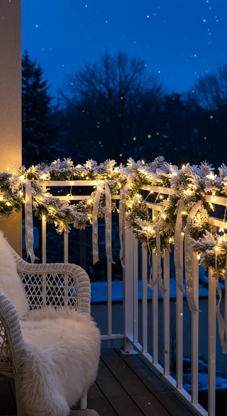 Rambarde de balcon de nuit, décorée d'une guirlande enneigée et de lumières scintillantes.
