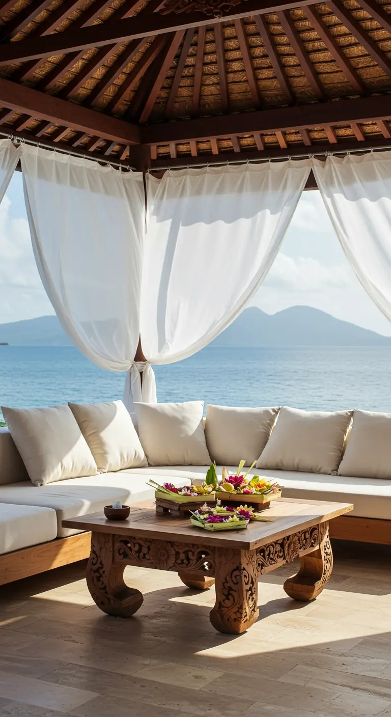 Salon de jardin blanc sous un gazebo avec des rideaux blancs flottants.