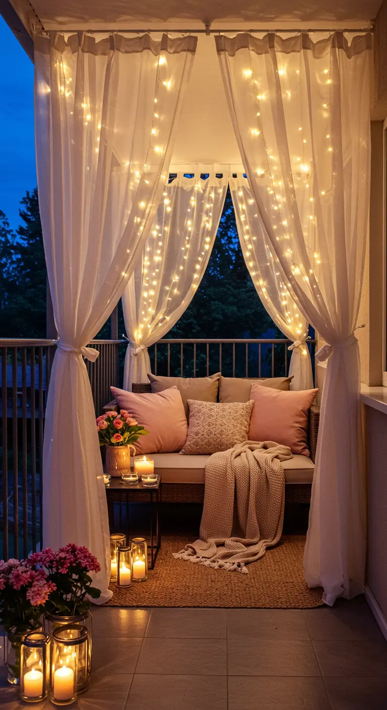 Balcon romantique avec baldaquin de voilages blancs et guirlandes lumineuses, coussins roses.