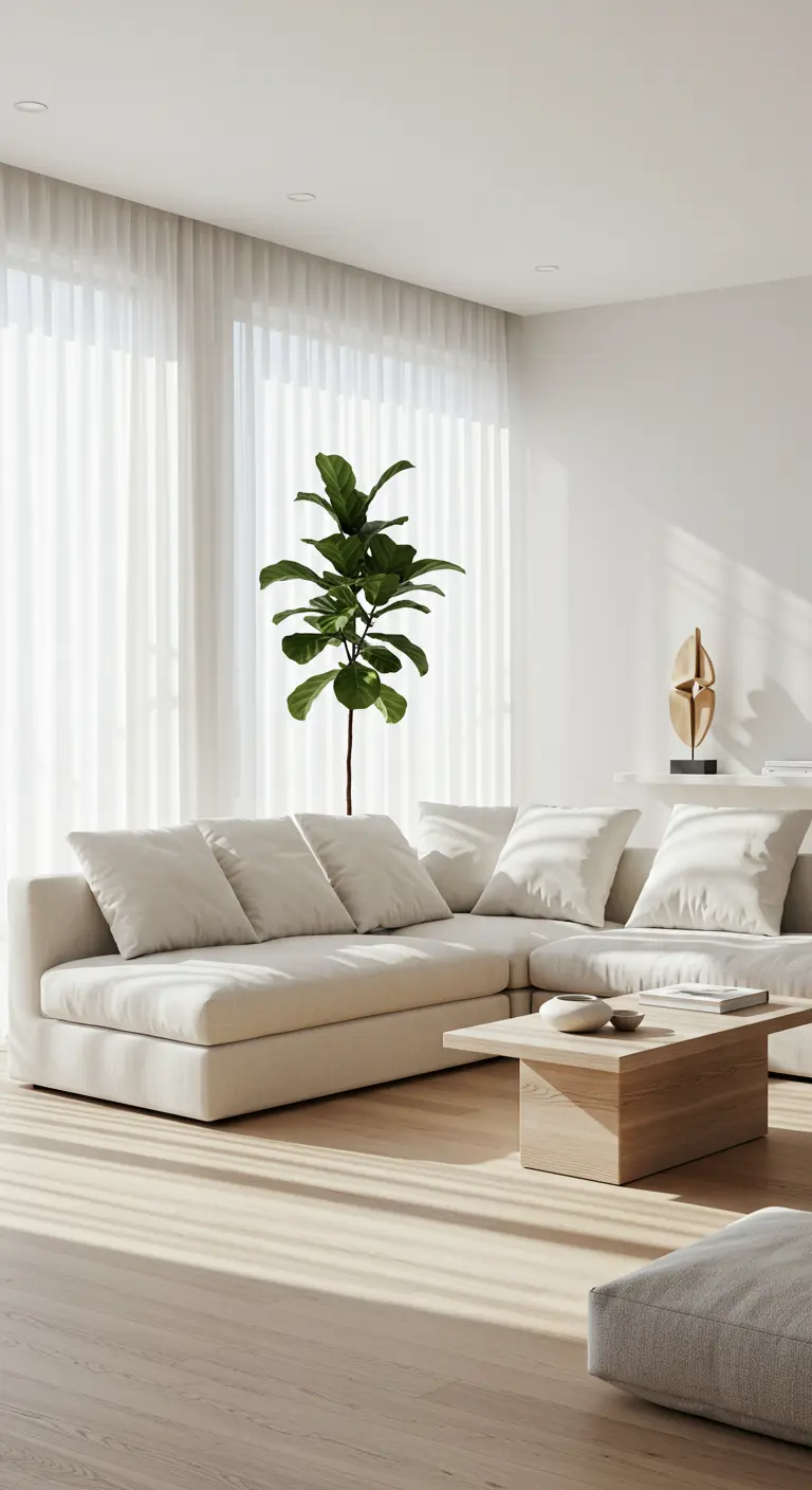 Un salon moderne et lumineux avec un grand canapé blanc, une table basse en bois clair et une plante verte.