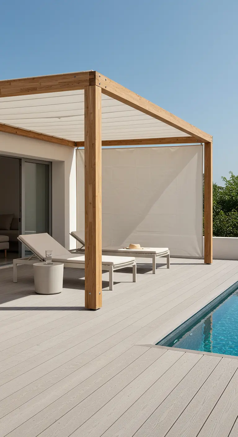 Pergola en bois clair avec toit et rideau en toile blanche au bord d'une piscine.