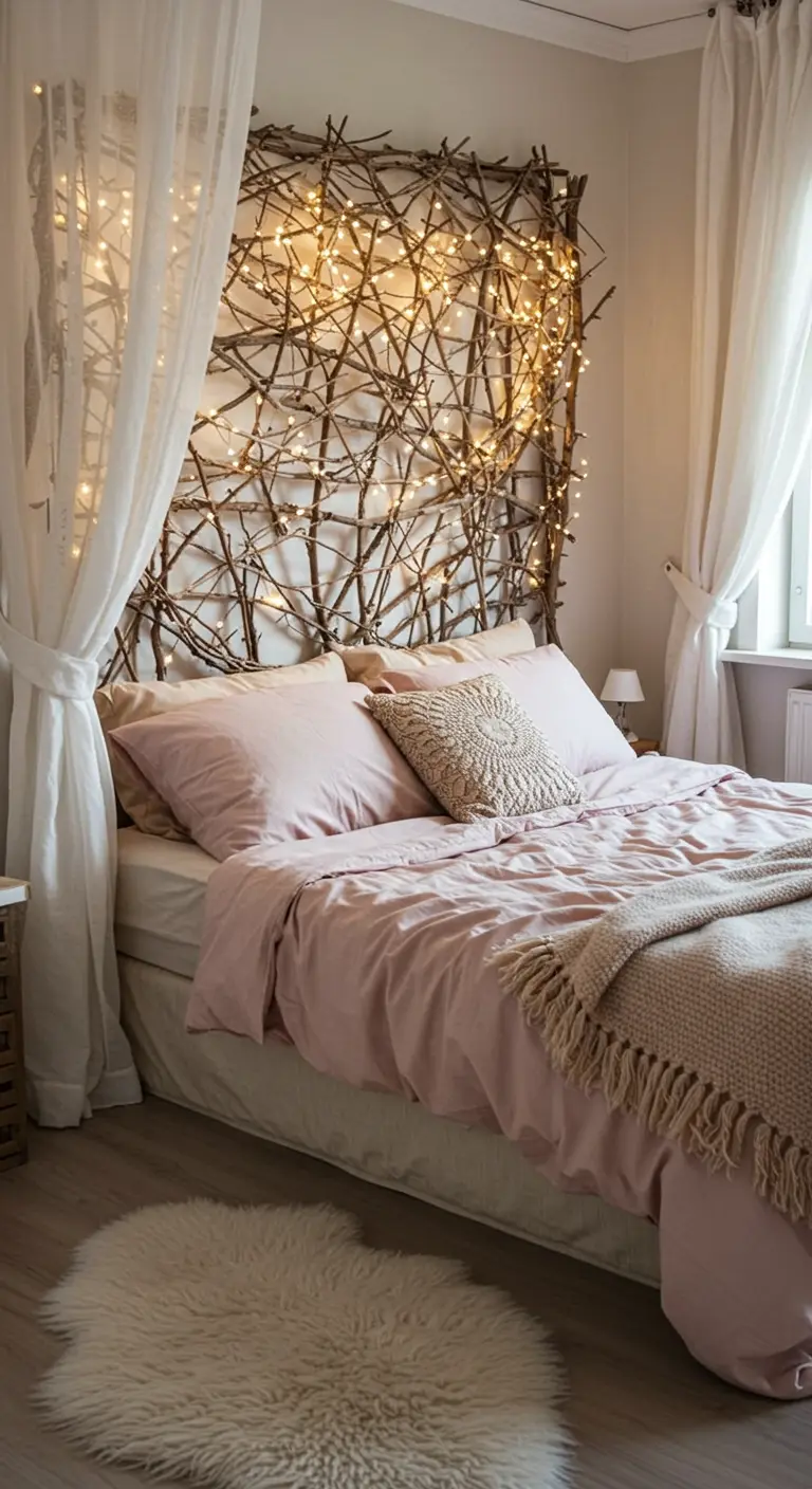 Tête de lit en treillis de branches entremêlées et couvertes de guirlandes lumineuses.