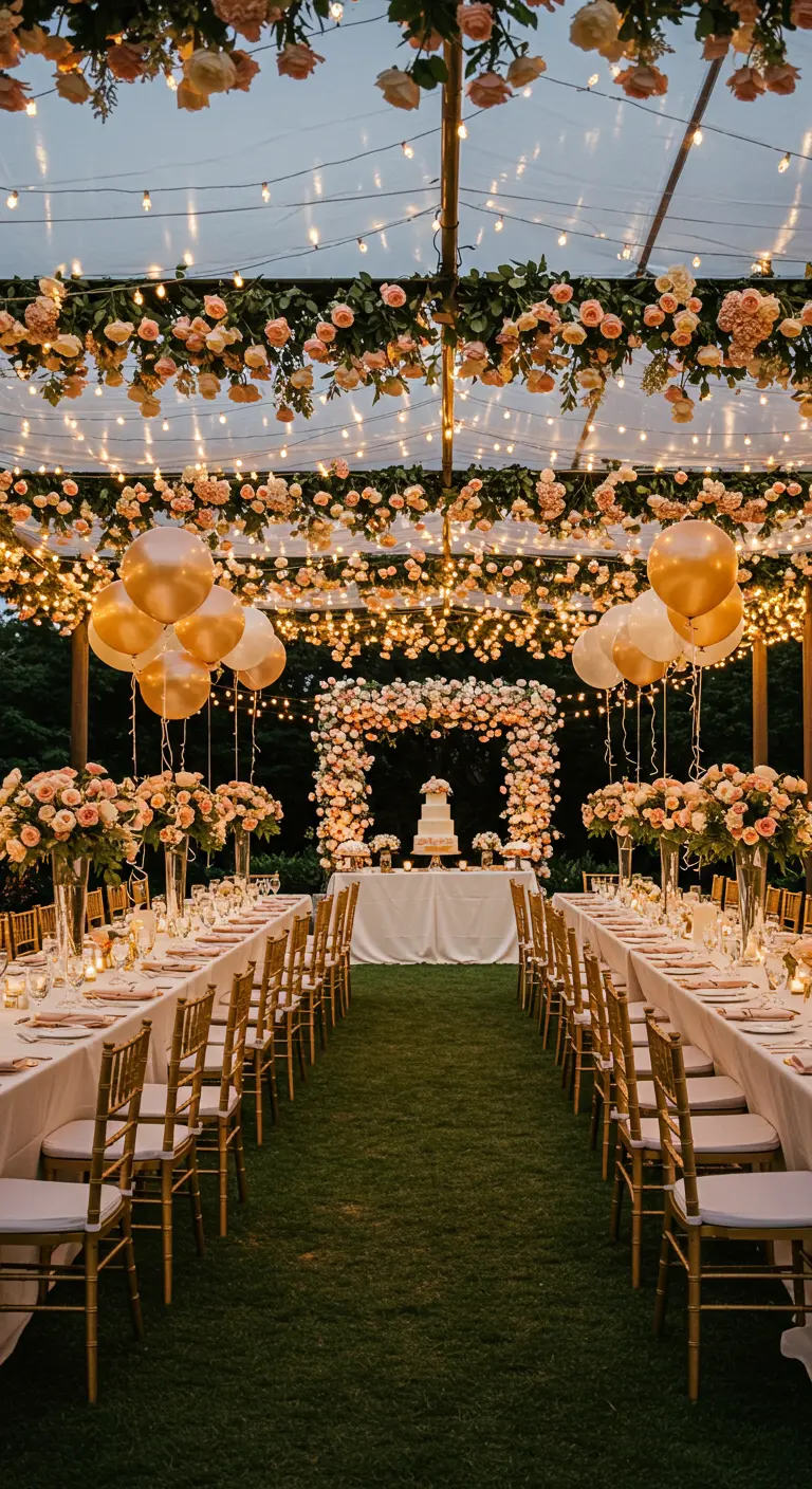 Tonnelle extérieure décorée de guirlandes de roses, de lumières et de ballons dorés, avec longues tables.