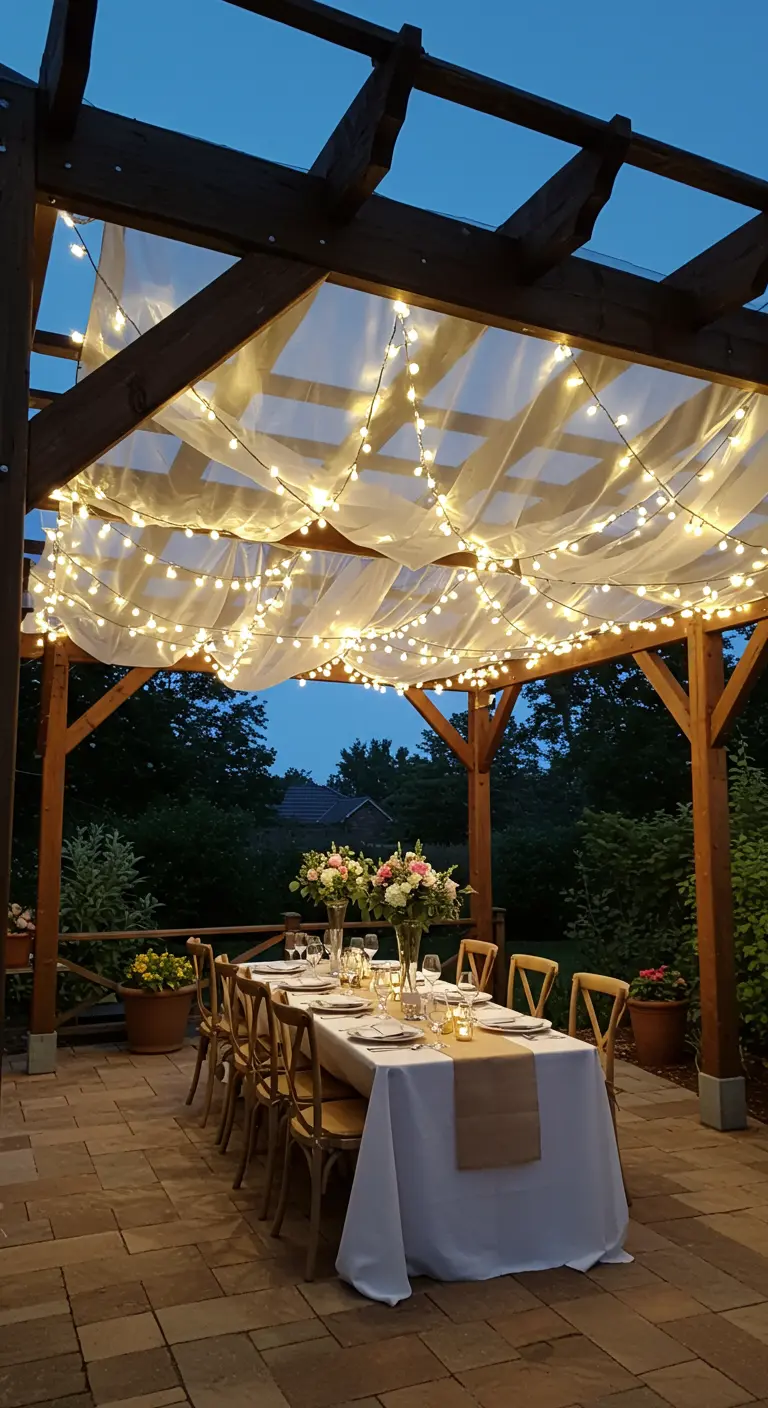Pergola en bois décorée de voilages blancs et de guirlandes lumineuses drapées.
