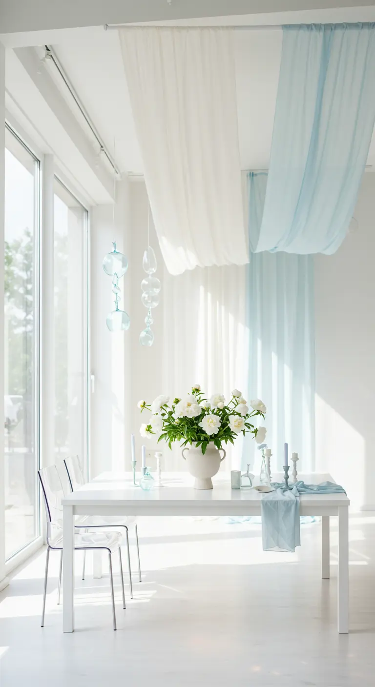 Pièce lumineuse avec voilages bleu ciel et blanc, table blanche, pivoines et chaises transparentes.