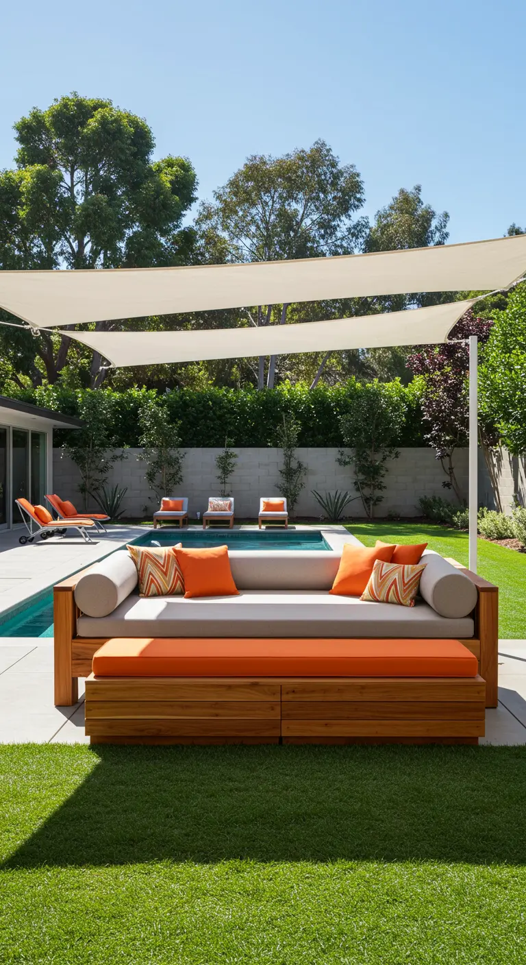 Grand lit de jour moderne au bord d'une piscine avec voiles d'ombrage