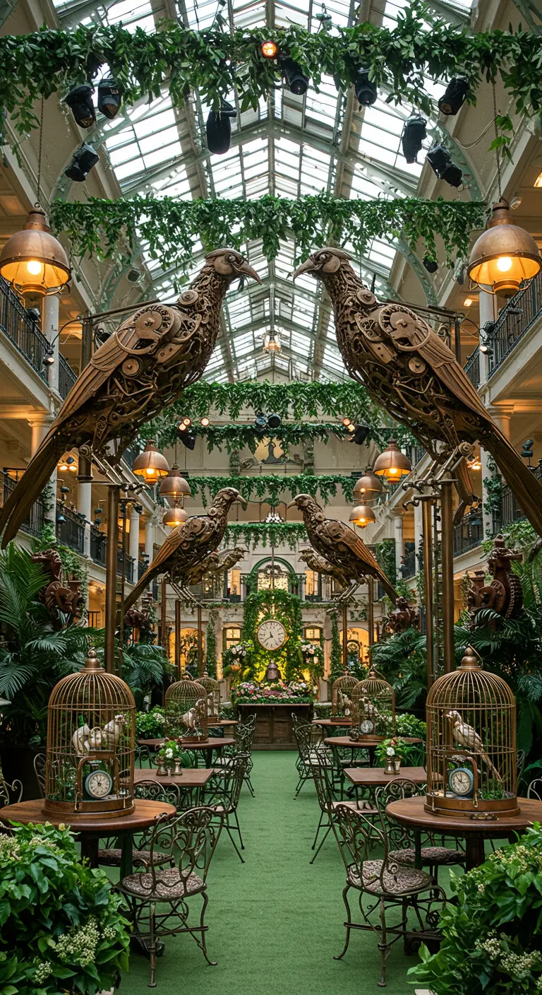Grand atrium Steampunk avec des sculptures d'oiseaux mécaniques géants, cages d'oiseaux et plantes luxuriantes.