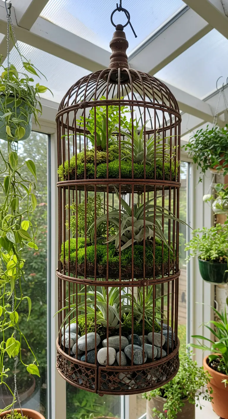 Ancienne cage à oiseaux en métal transformée en jardinière suspendue avec fougères, mousse et galets.
