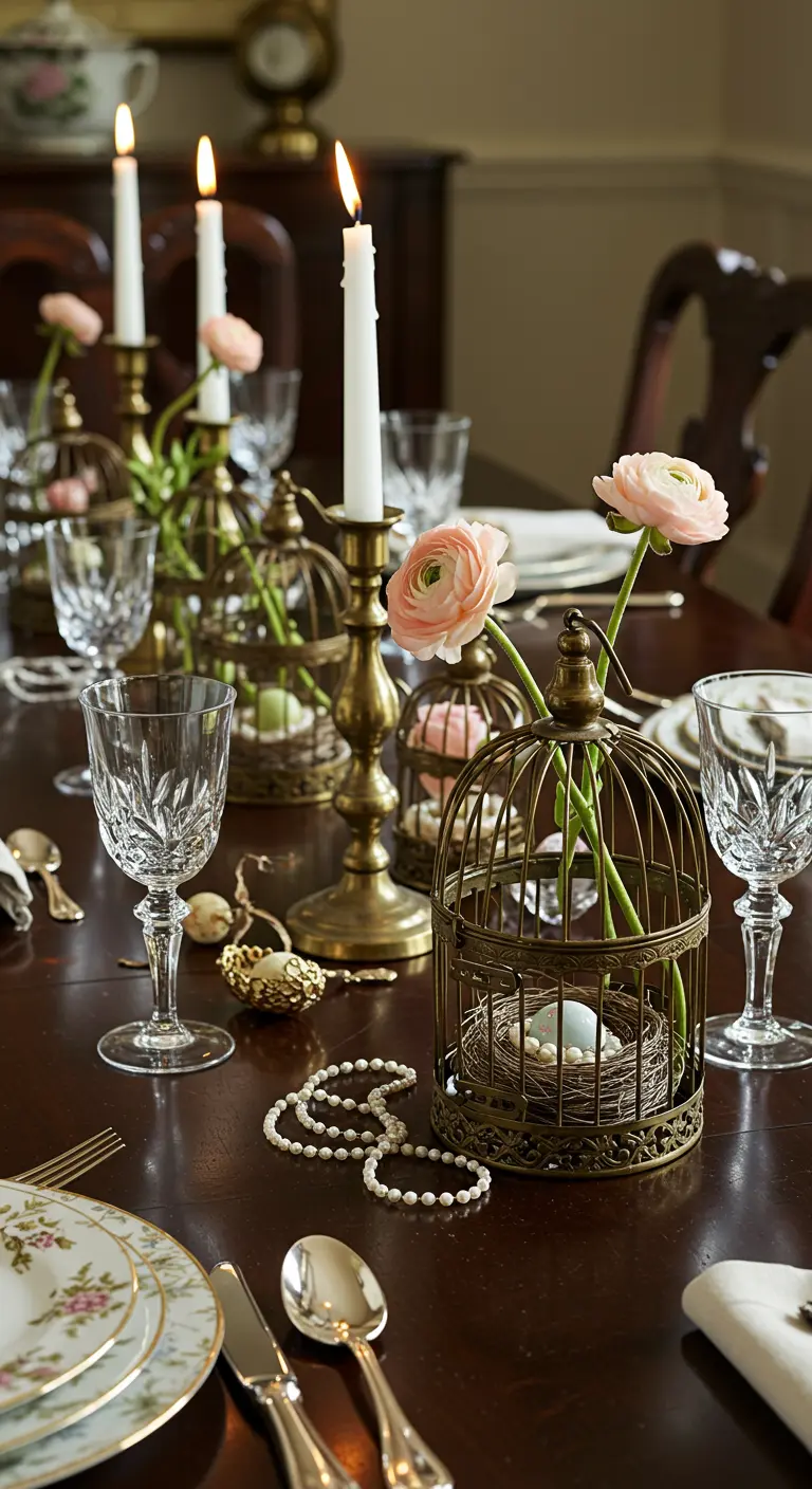 Mini-cages à oiseaux en laiton avec des fleurs et des nids comme centre de table.