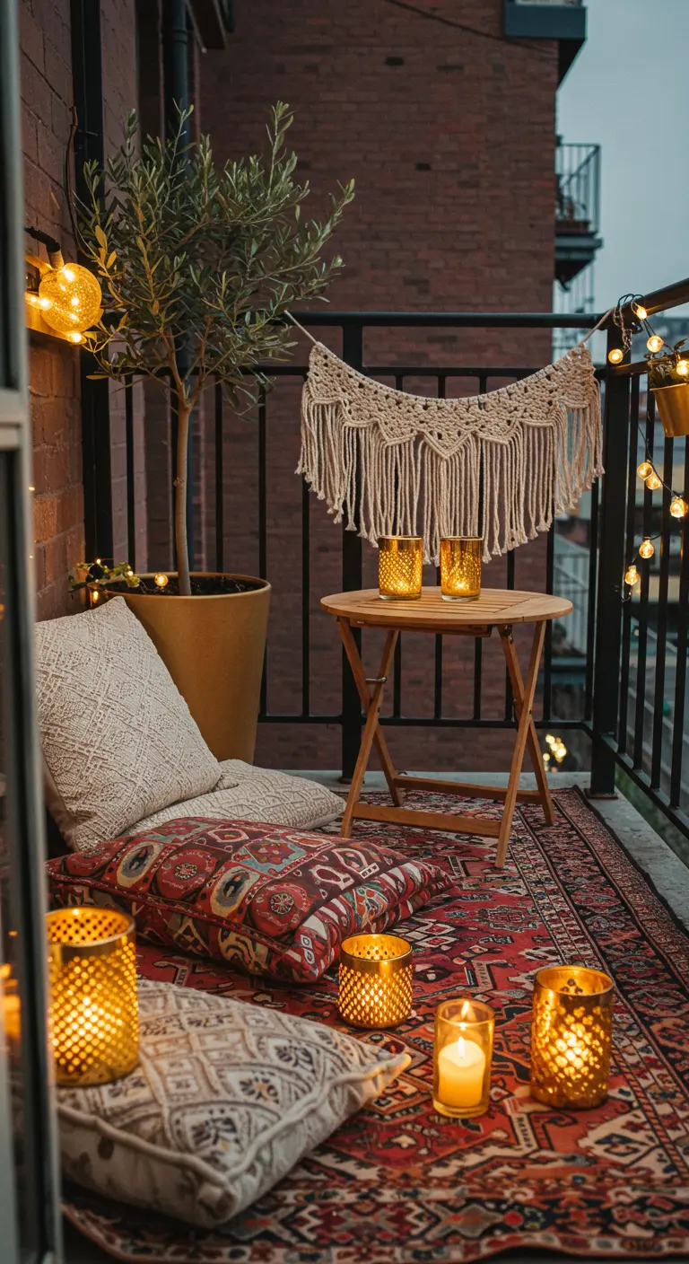 Balcon cosy avec tapis ethnique, coussins au sol, petite table et lanternes dorées.