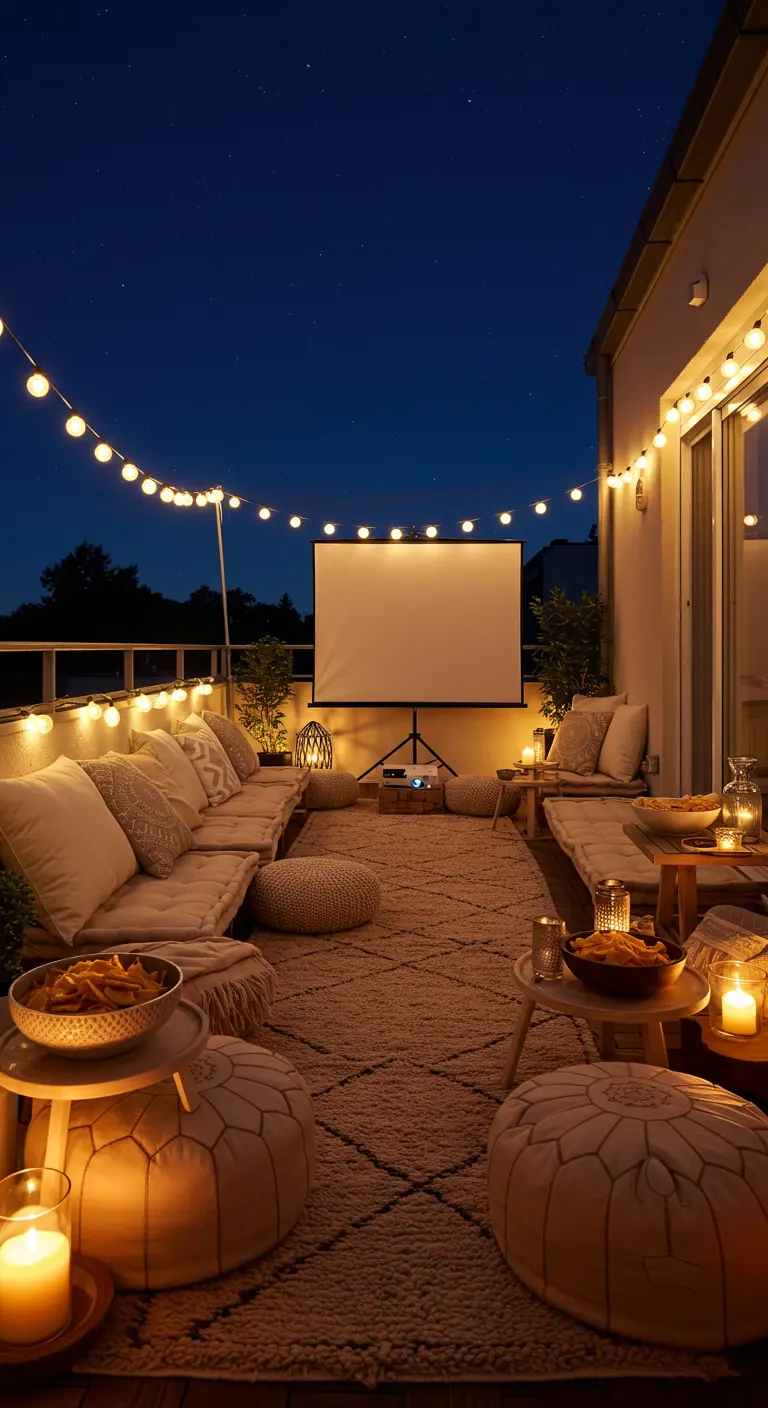 Balcon cinéma extérieur avec écran de projection, poufs confortables et guirlandes lumineuses.