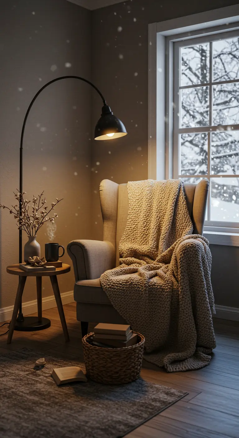 Fauteuil confortable avec un plaid en grosse maille près d'une fenêtre enneigée.