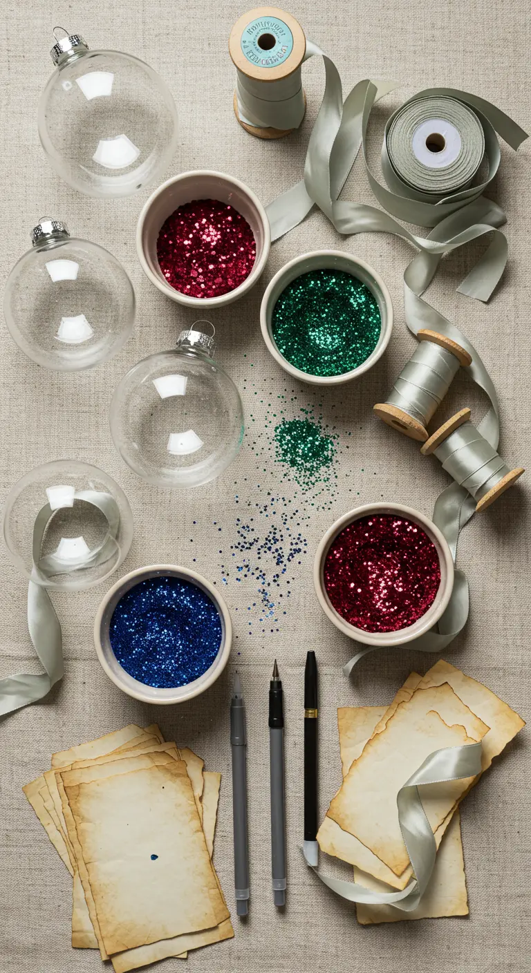 Kit DIY avec boules en verre, paillettes, papier et rubans.
