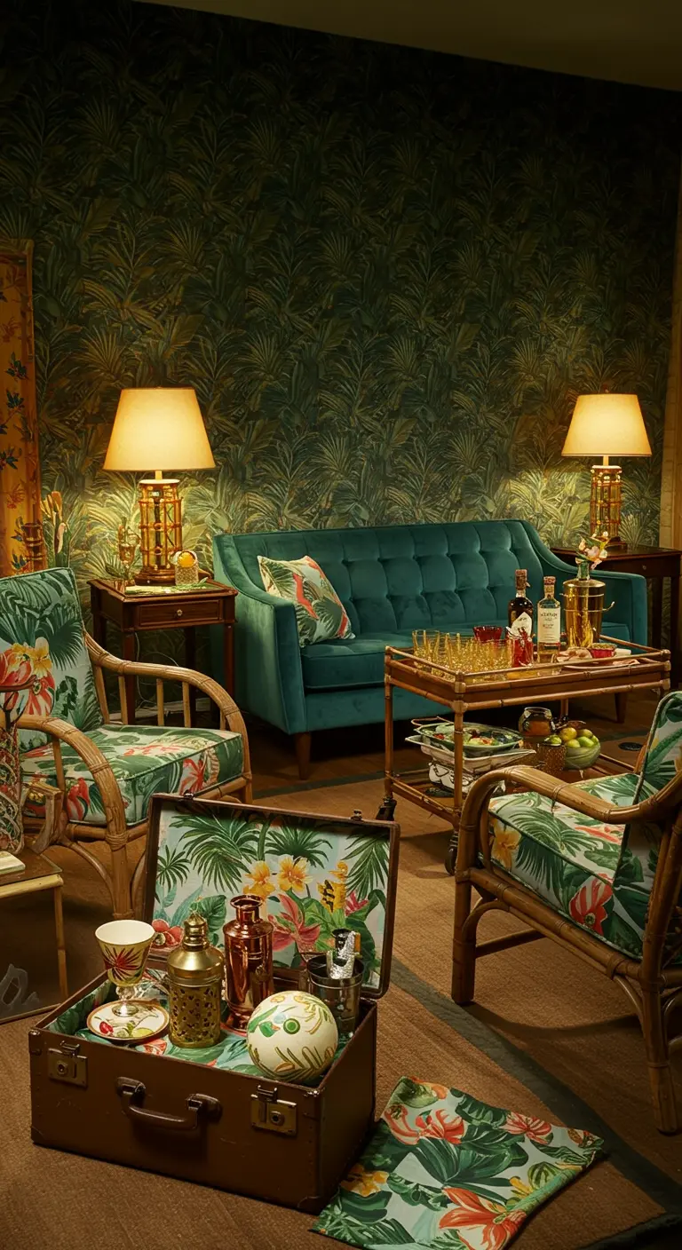 Salon vintage avec papier peint jungle, canapé en velours et valise-bar.