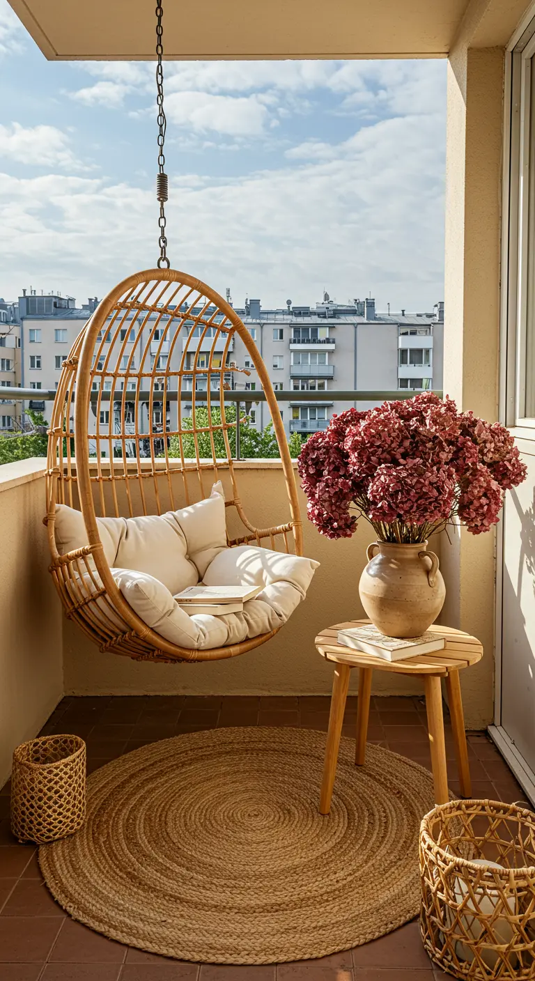 Balcon avec fauteuil suspendu en rotin, tapis rond en jute et vase d'hortensias.
