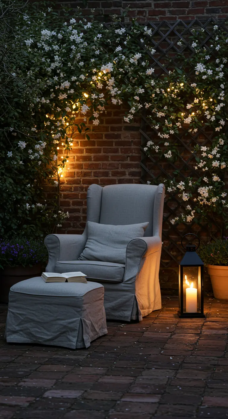 Fauteuil gris avec des guirlandes lumineuses dans un jasmin grimpant.