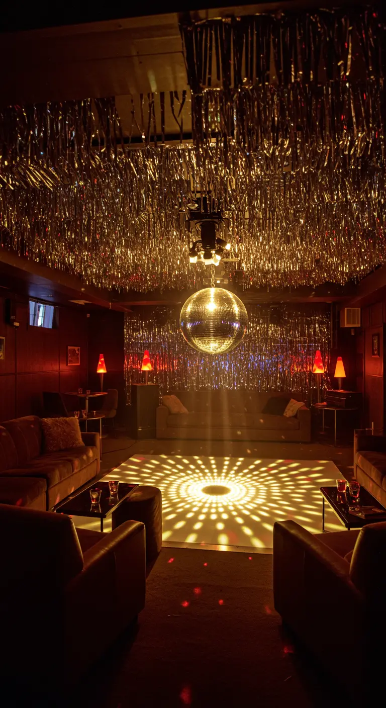 Un coin salon cosy transformé en mini-discothèque avec des franges argentées.