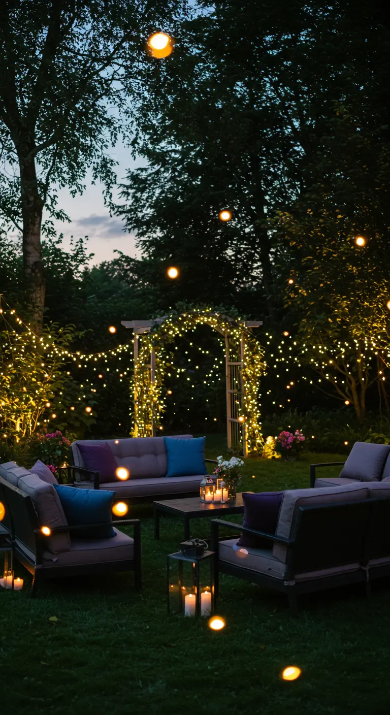 Salon de jardin la nuit, sous un ciel de guirlandes lumineuses créant un effet magique.