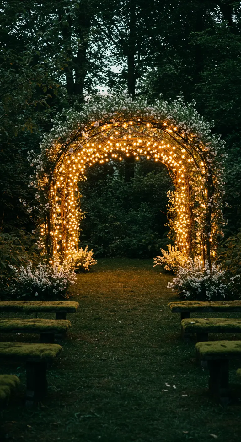 Arche de jardin métallique illuminée par des centaines de guirlandes lumineuses.