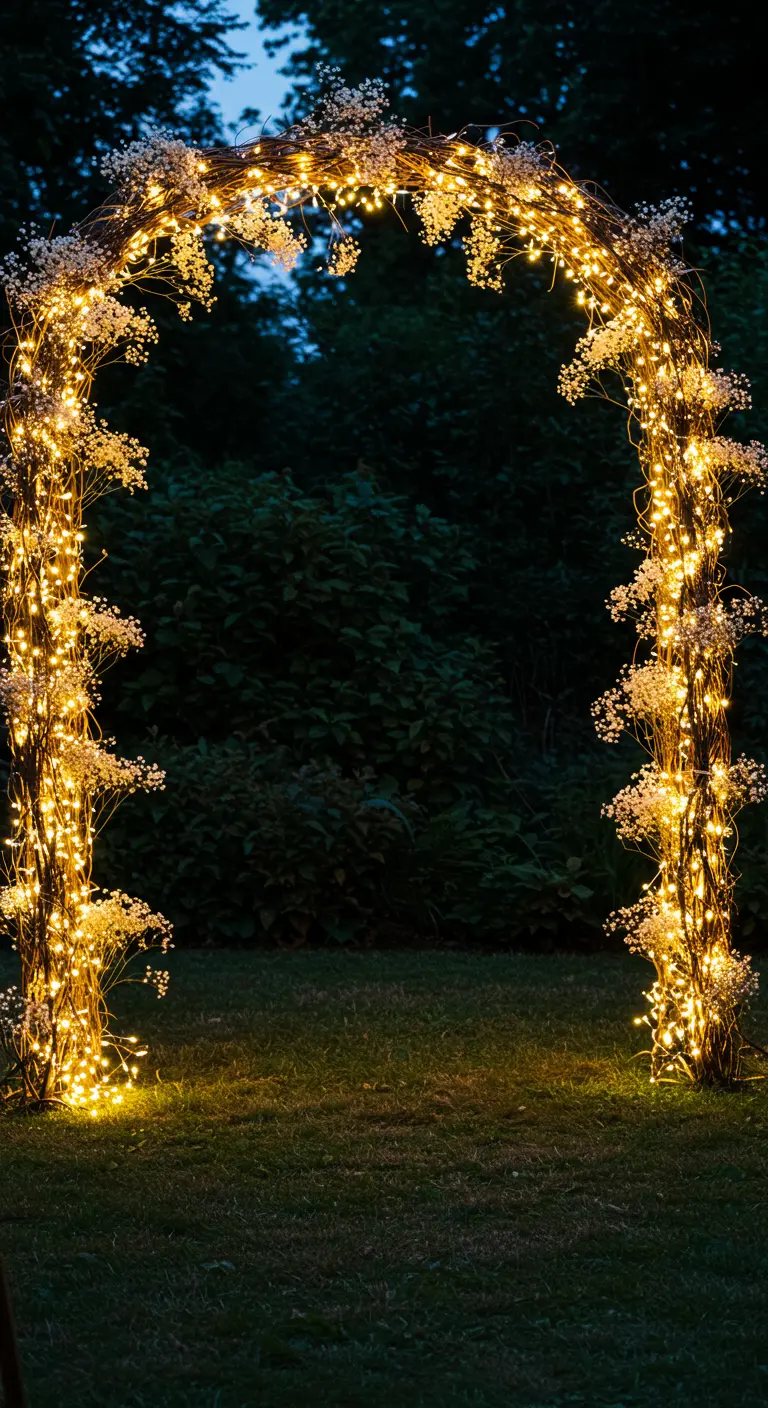 Arche de jardin entièrement enroulée de guirlandes lumineuses et de gypsophile la nuit.