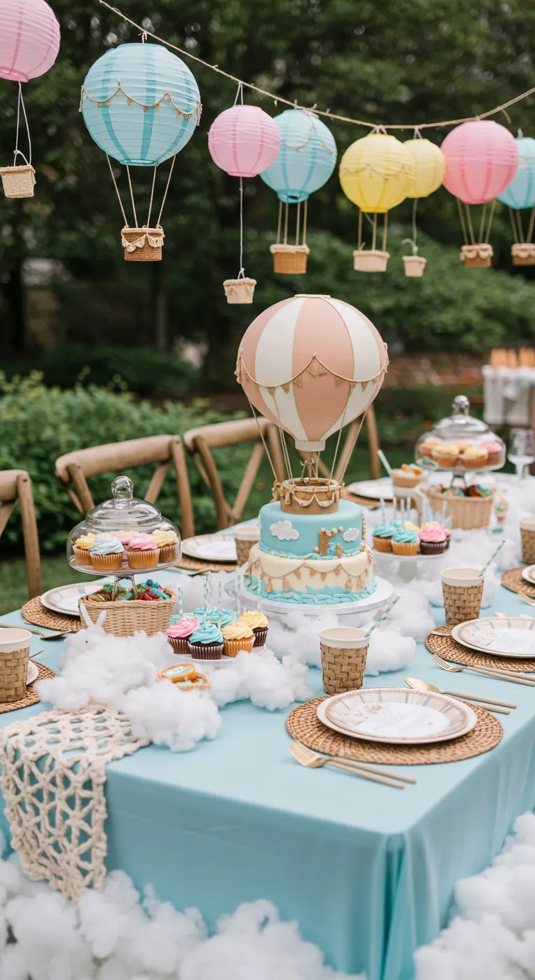 Table de fête douce avec montgolfières en papier suspendues et nuages en coton.