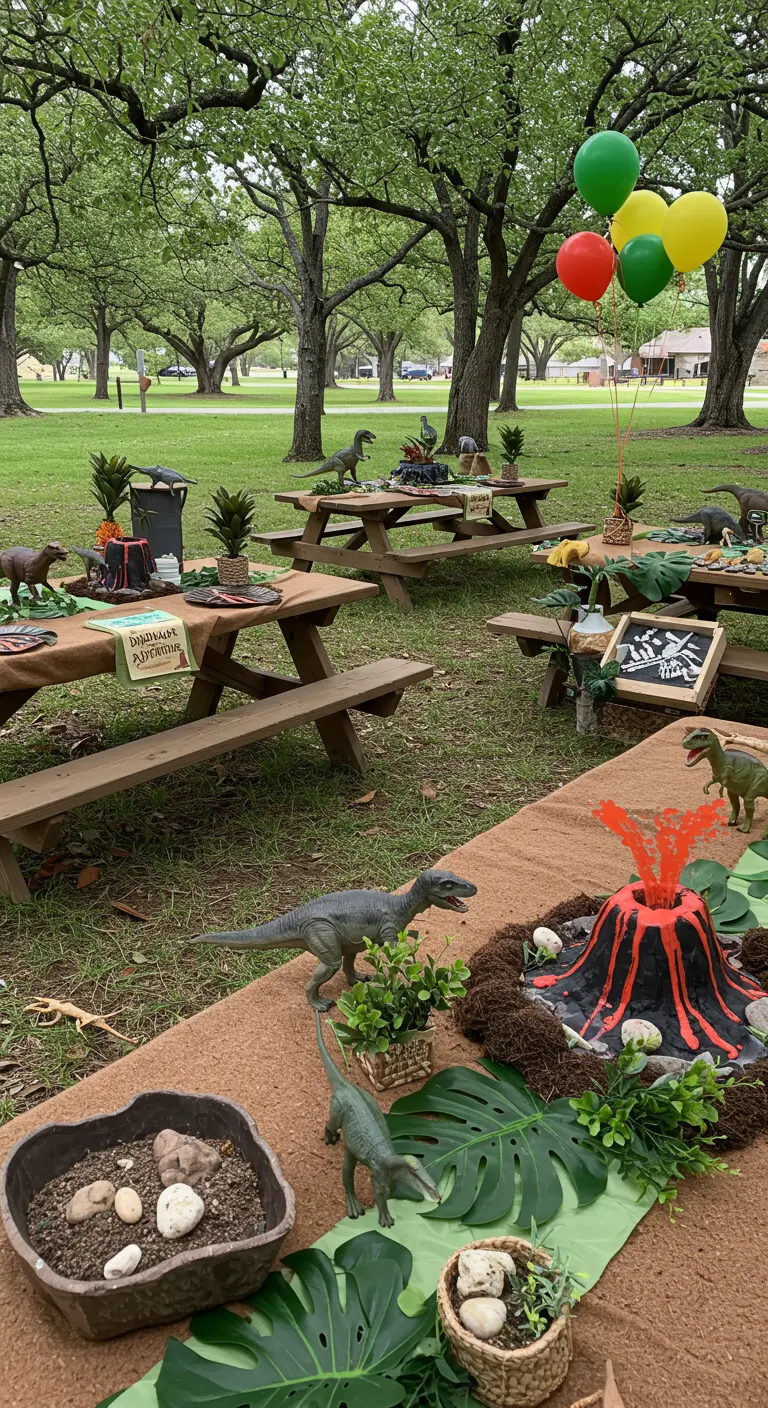 Table de pique-nique dinosaures avec nappe en toile de jute, volcans miniatures et figurines de dinos.